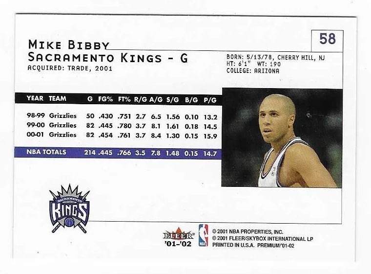 2001-02 Fleer Premium Mike Bibby Sacramento Kings Basketball Card #58 - Image 2 of 2