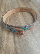 VTG Justin Tooled Leather Belt 28 Brown Western Cowboy Top Grain W/Turquoise USA