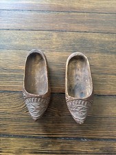 Vintage Hand Carved Wooden France Clogs Klompen Shoes Dutch Decor 2" x 5.75"