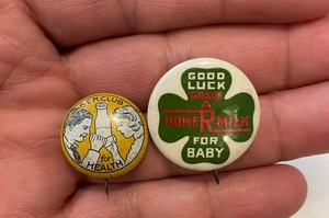 2 Milk Council GEM Club Pin Pinback Baby Health Milk Bottle Graphic Chicago ILL