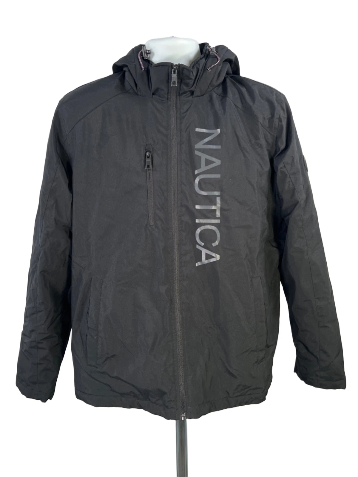 Nautica Men's Black Logo Zip Up Hooded Long Sleeve Puffer Coat - L - product detail image 1