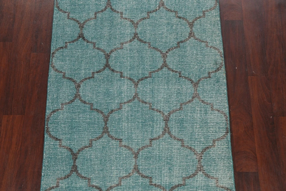 Abstract Teal Green Vintage Style Trellis Area Rug Wool Hand-knotted Carpet 4x6 - Image 3 of 4