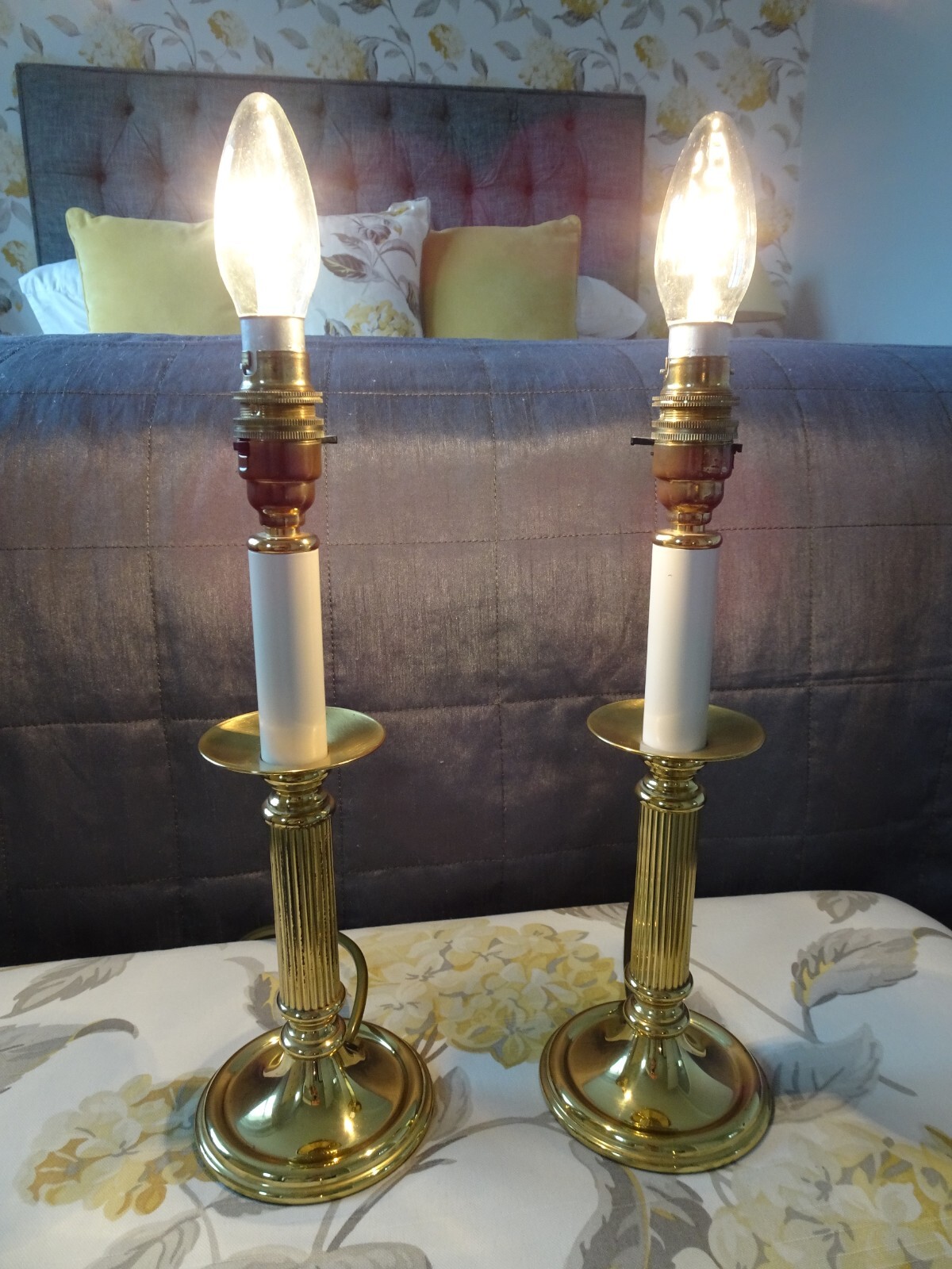 A Pair of Brass Candle Table Lamps FREE cream Shades eBay