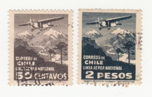Chile 1931-34. Airmail domestic service: Airplane over landscapes. Sc# C26, C28