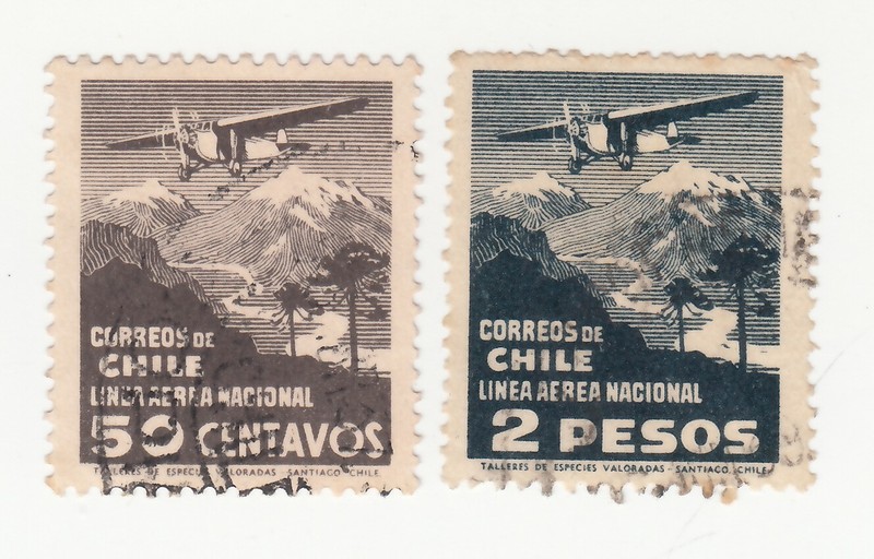 Chile 1931-34. Airmail domestic service: Airplane over landscapes. Sc# C26, C28
