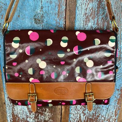 Fossil Burgundy Total Eclipse Coated Canvas Crossbody Laptop Tote Bag