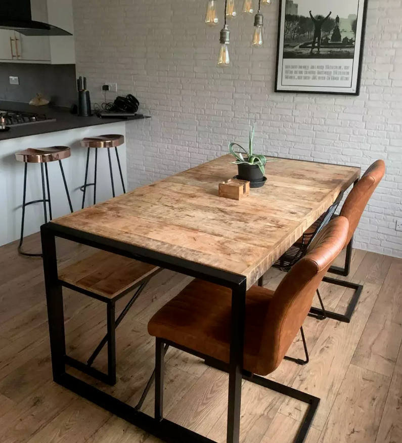 Industrial Dining Table Large Vintage Solid Wood Metal Rustic