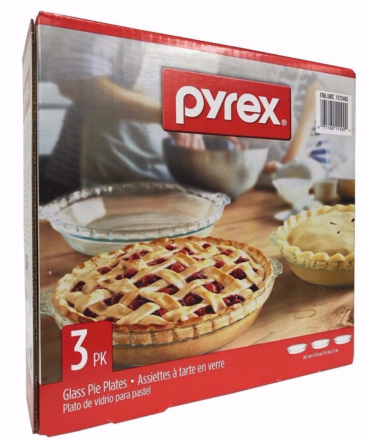 Pyrex 3 Pk Glass Pie Plates 9.5x1.5" Freezer, Oven, Microwave