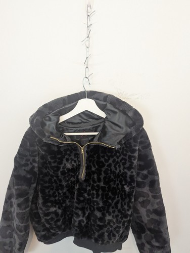 Jordan Faux Fur Jacket Womens S Black Half Zip Hoodie Animal Leopard Print - Picture 2 of 11