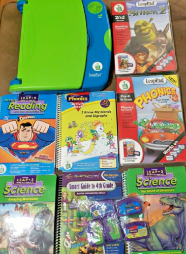 Leapfrog LeapPad Learning System Blue/Green 7 Books Cartridges Shrek Superman - Picture 1 of 7