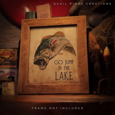 Vintage Go Jump in the Lake Art Print 8X10 Largemouth Bass Cabin Wall Decor Gift