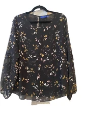EUC Apt. 9 Sheer Blouse Size XL Black Floral Long Sleeve