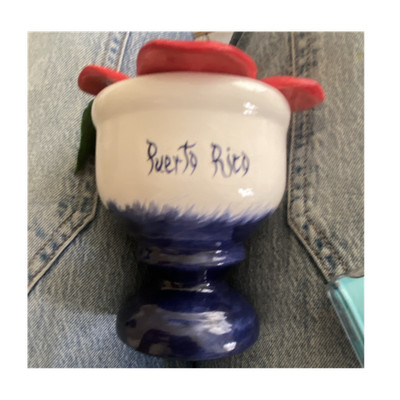 Puerto Rico Ceramic Mortar and Pestle Souvenir with Red Flower Decoration