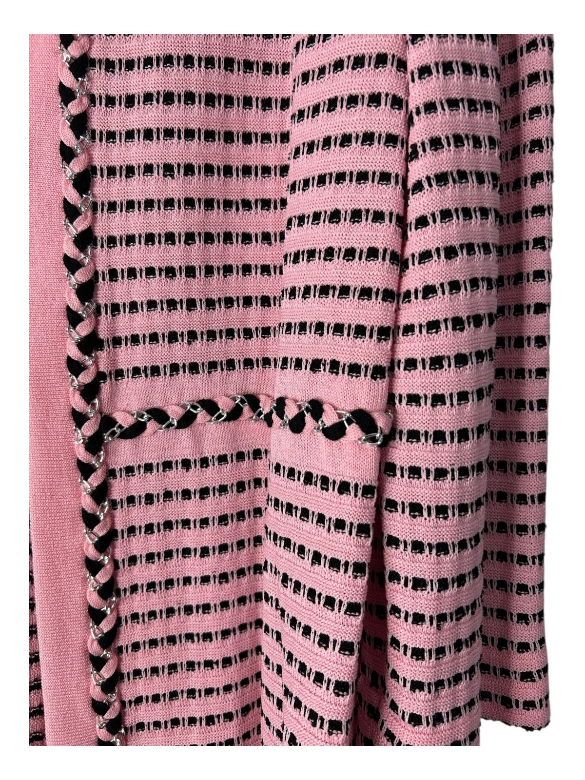 Ming Wang Sweater Sz L Pink Black Striped Open Front Chain Trim Cardigan Jacket