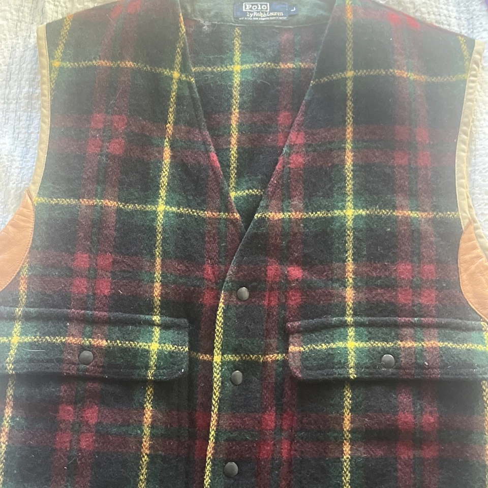 Colete de Natal vintage Ralph Lauren xadrez vermelho verde amarelo couro grande - Imagem 4 de 4