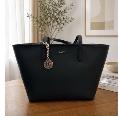 DKNY Black Tote Bag Gold Hardware Logo Charm Designer Women's Handbag