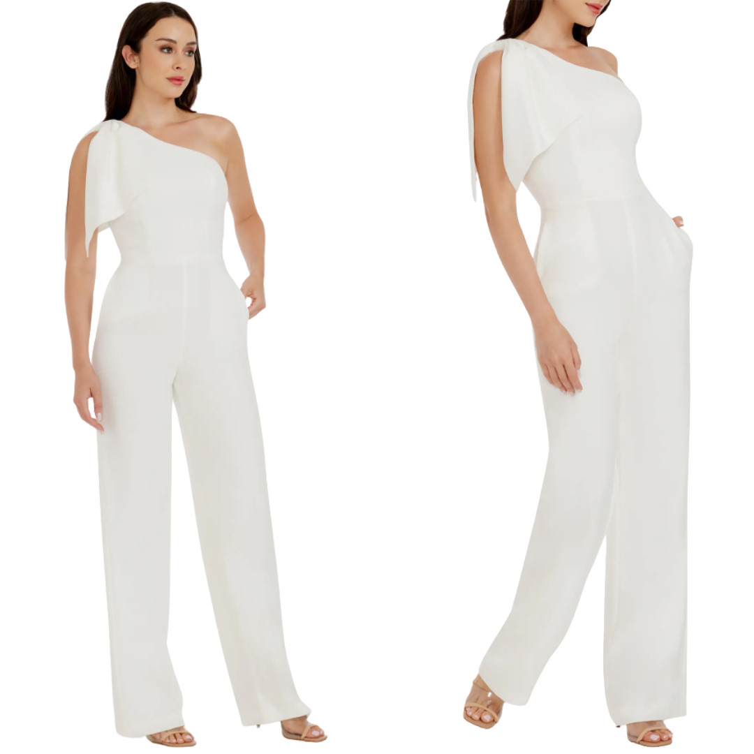 Dress the Population Tiffany One-Shoulder Jumpsuit Women's XXL Off White Bow NWT thumbnail 3