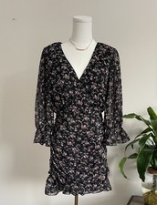 Lulus Black Floral Mini Dress Long Sleeve Ruffle Ruched V-Neck Chiffon S