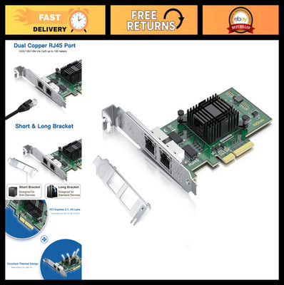 Gigabit Dual NIC Network Card, Intel 82576 Chip, 2 RJ45 Ports, PCIe X4, Low Prof