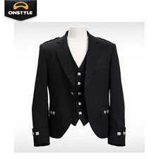 Men  s Black Argyle Kilt Jacket With Vest Scottish Wedding Dress Coat