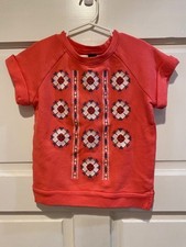Tea Collection Pink Coral Short Sleeve Sweatshirt Embroidered Flower Shirt Top