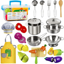 Sundaymot Play Kitchen Accessories, Wooden Play Food, Cooking Set with Stainless