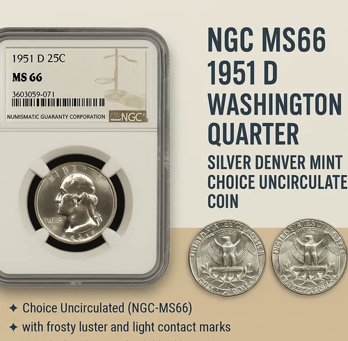 NGC MS66 1951 D Washington Quarter Silver Denver Mint Choice Uncirculated Coin