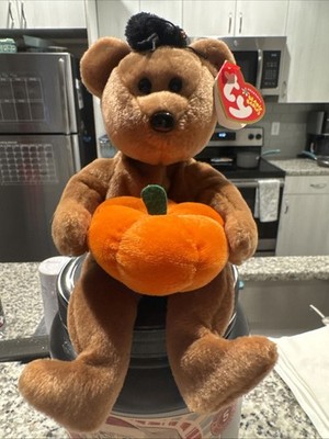    Hocus Vintage Beanie Baby Brown Bear Pumpkin w/Spider 2004 Halloween  