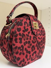 NWT JustFab Red Leopard Print Circle Bag Crossbody Purse Gold Lock Faux Suede