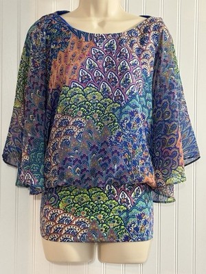 Women's Blouson Tunic Top Vibrant Paisley Peacock Print size L Chaus NY