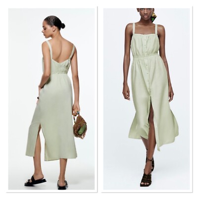 BNWT Pale Green ZARA Cotton/Linen Strappy Button Front Summer Midi Dress L  12/14 | eBay