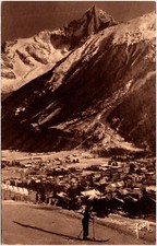 The Town & Aiguille Verte Woman Skiing Chamonix Mont-Blanc France 1910s Postcard