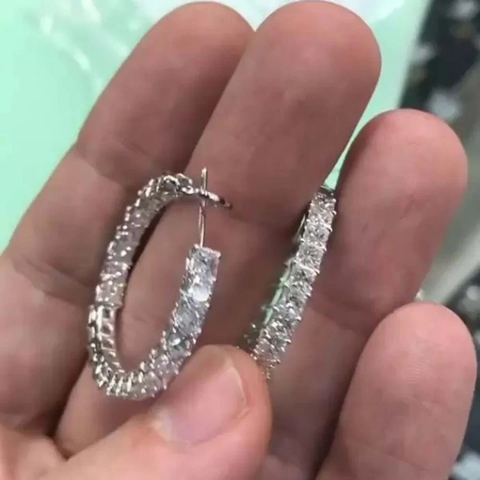 8 Ct Princess Cut Lab Created Diamond 14K White Gold Plated Lovely Hoop Earrings - Image 2 of 4