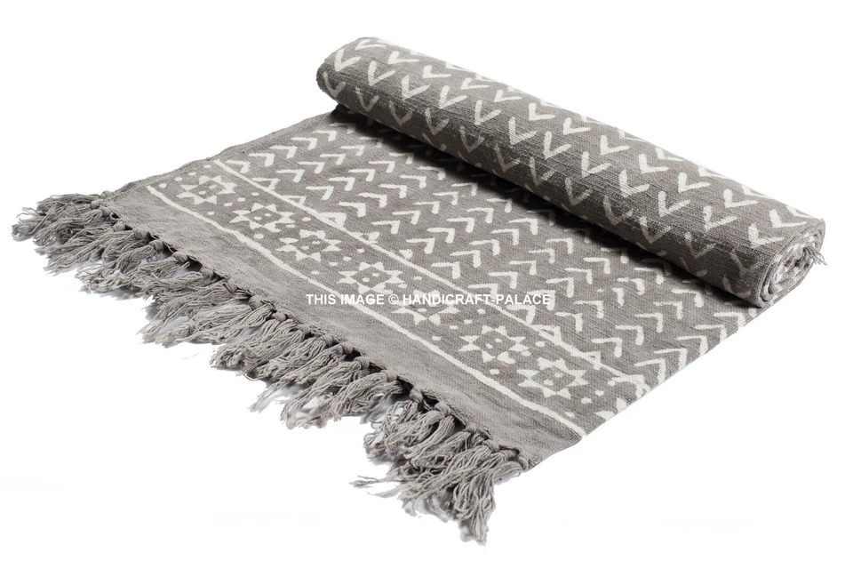 LARGE 100% Cotton Fringe Lounge Sofa Bed Throw Indian Hand Block Print Blanket - Image 3 of 3