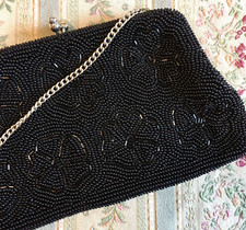 Vintage 1950s-60s Black Beaded Evening Bag Formal Purse Flowers Made in Japan