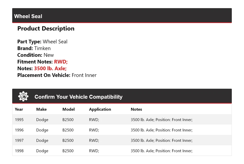 Sello de rueda interior delantero Timken 1996 1997 para Dodge B2500 1995-1998 tracción trasera Foto 2 de 4