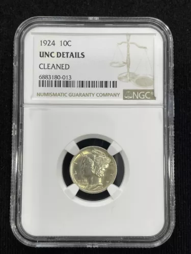 1924 10C Mercury Dime NGC UNC Details Cleaned