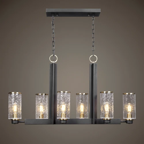 Modern Industrial Black I Beam Kitchen Island 6 Light | Pendant Glass Hurricane - Picture 2 of 9