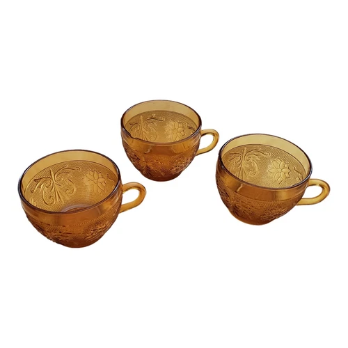 Vintage Indiana Tiara Amber Sandwich Glass Flat Coffee Tea Cups Set Of 3