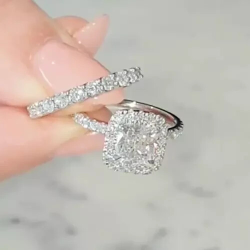 Real Moissanite 2.60Ct Cushion Bridal Set Engagement Ring 14k White Gold Plated