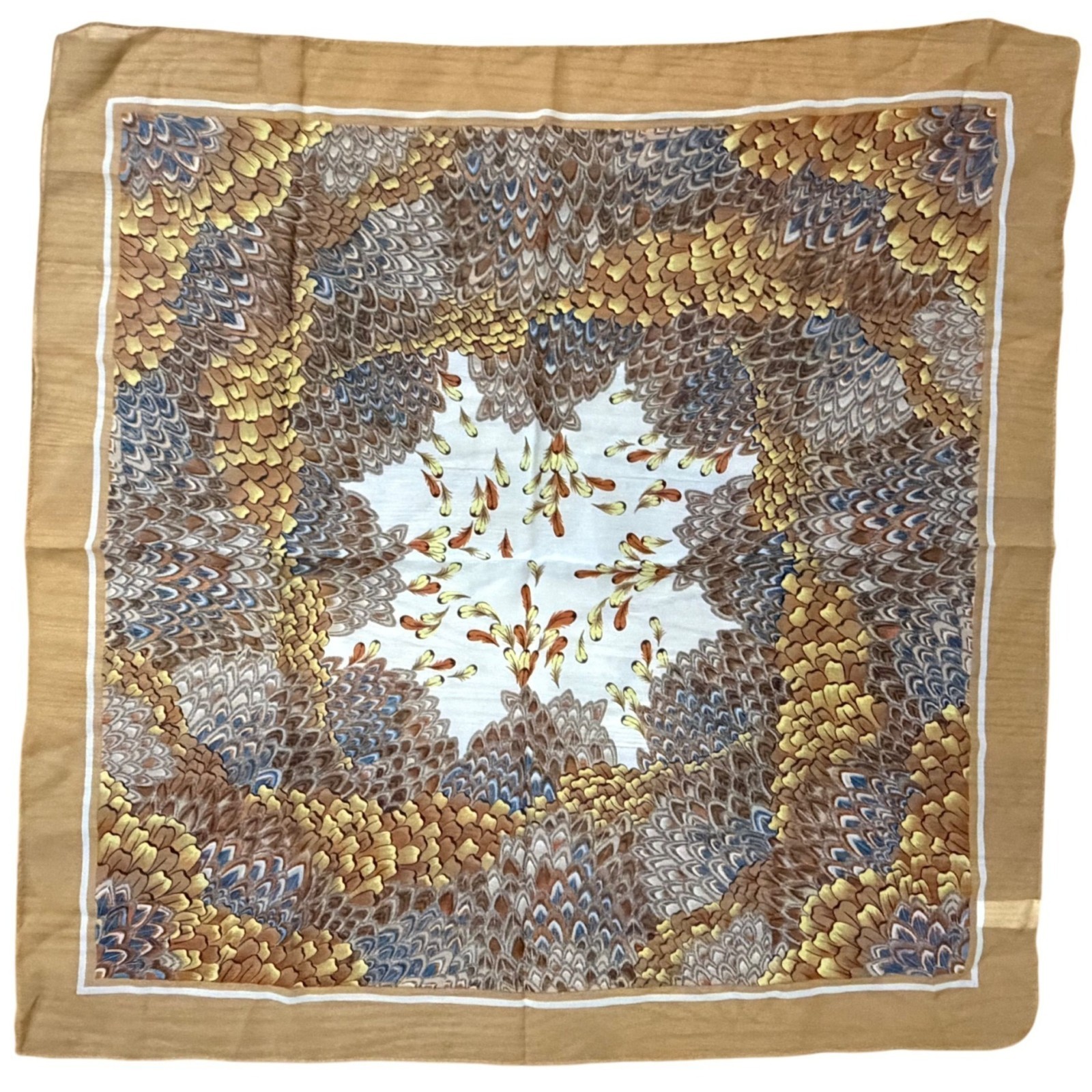 как выглядит Vintage Square Polyester Scarf With Feather Design In Earth Tones Made In Japan фото