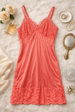 Vintage Coral Lace Slip Dress   Satin Nightgown Size Medium