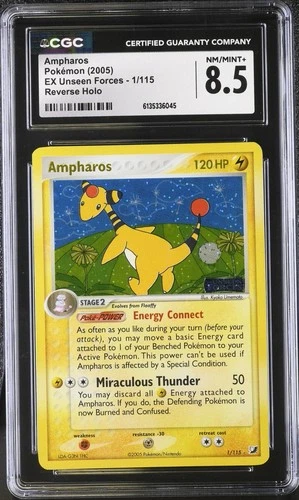 2005 POKEMON EX UNSEEN FORCES #1 AMPHAROS-REVERSE FOIL  STAMPED CGC 8.5
