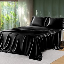 Satin Sheets Queen Size - 4 Pieces Luxury Soft Black Silky Bed Sheets Set with