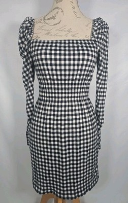 DIVIDED Gingham-Minikleid schwarz weiß kariert Langarm eckiger Ausschnitt neu mit Etikett XS
