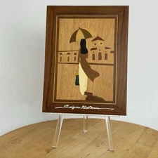 Saigon Vietnam Marquetry Inlaid Wood Wall Art Picture of Lady with Umbrella MCM