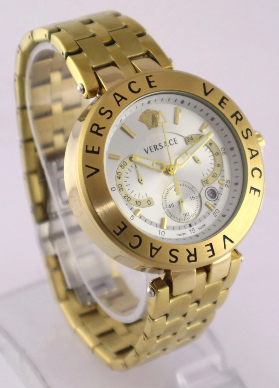 Orologio da Polso Lusso Versace Uomo Quarzo Cronografo Quadrante Argento "Data" Cinturino Acciaio