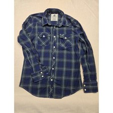 Mens Flannel Shirt Small Blue Green Plaid Long Sleeve Western Style