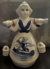 Antique Delft Blue Dutch Milkmaid Girl Windmill Hand Dinner Bell Figurine 1920s