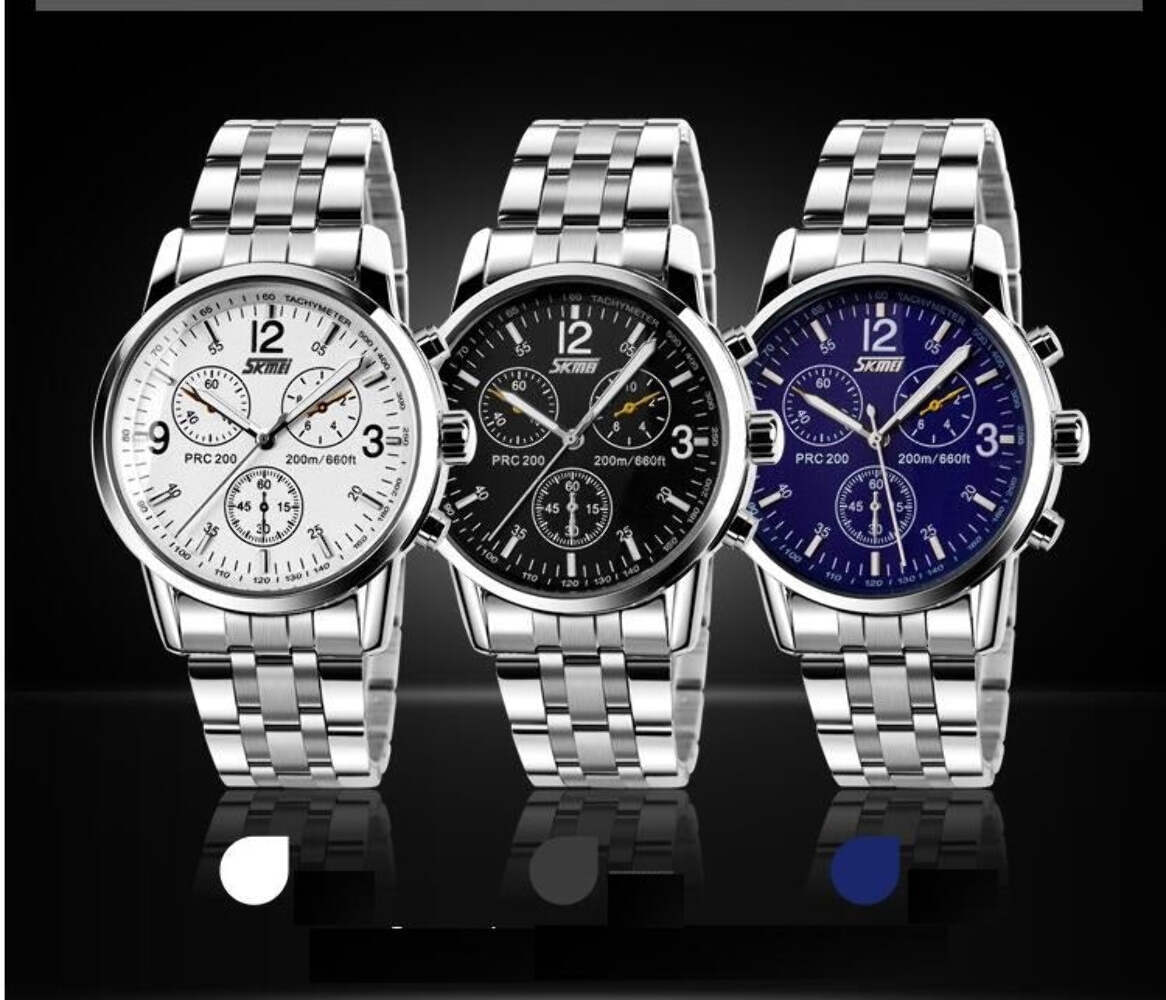 Reloj de negocios clásico impermeable para hombre con diseño de tres ojos y pulsera de acero